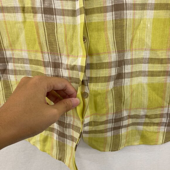 Lafayette 148 Large Parrot Green 100% Linen Plaid Relax Sabira Button Up Preppy - Picture 8 of 11